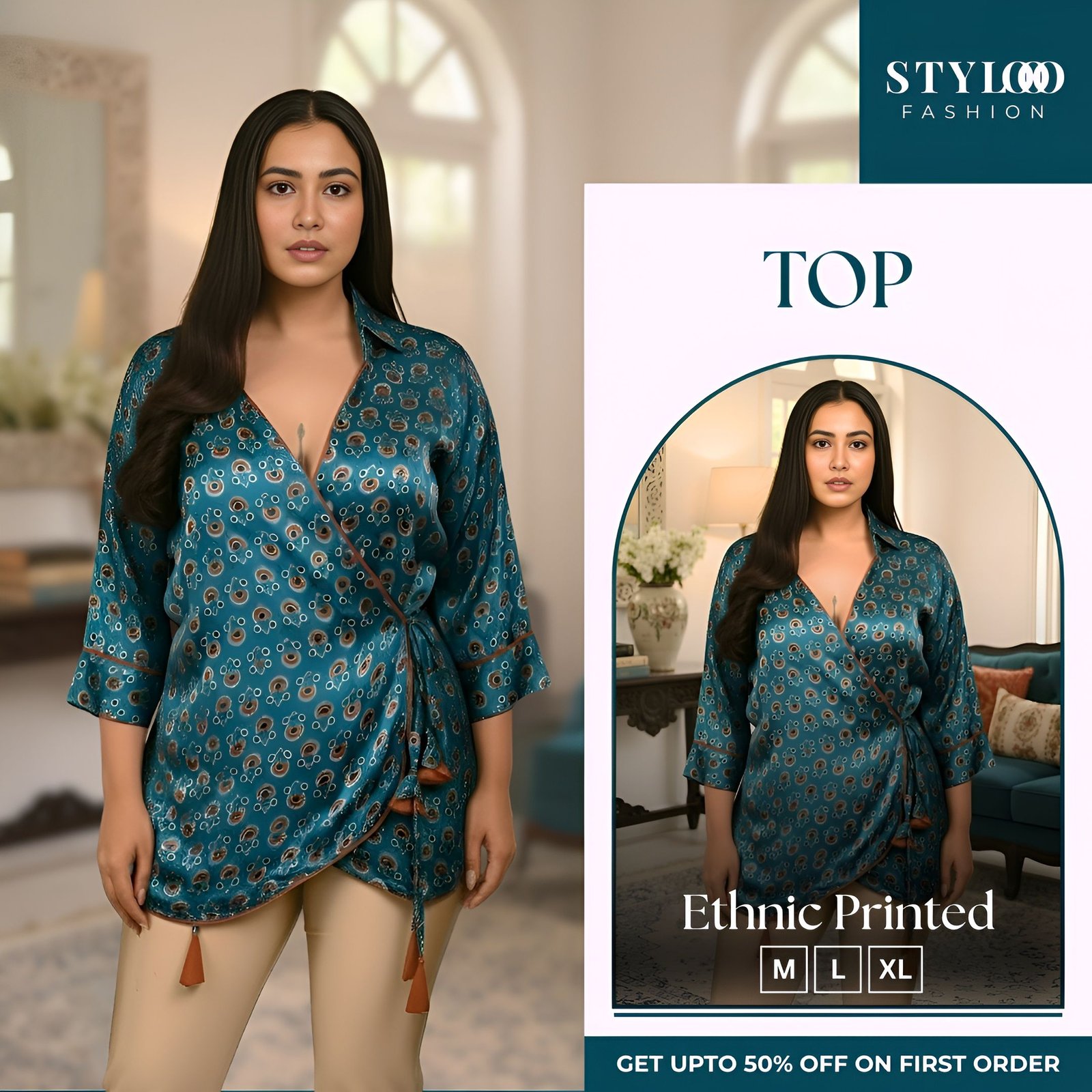 Women Blue & Orange Ethnic Printed V-Neck 3/4 Sleeve Wrap Tunic Top (TOP-W-007)