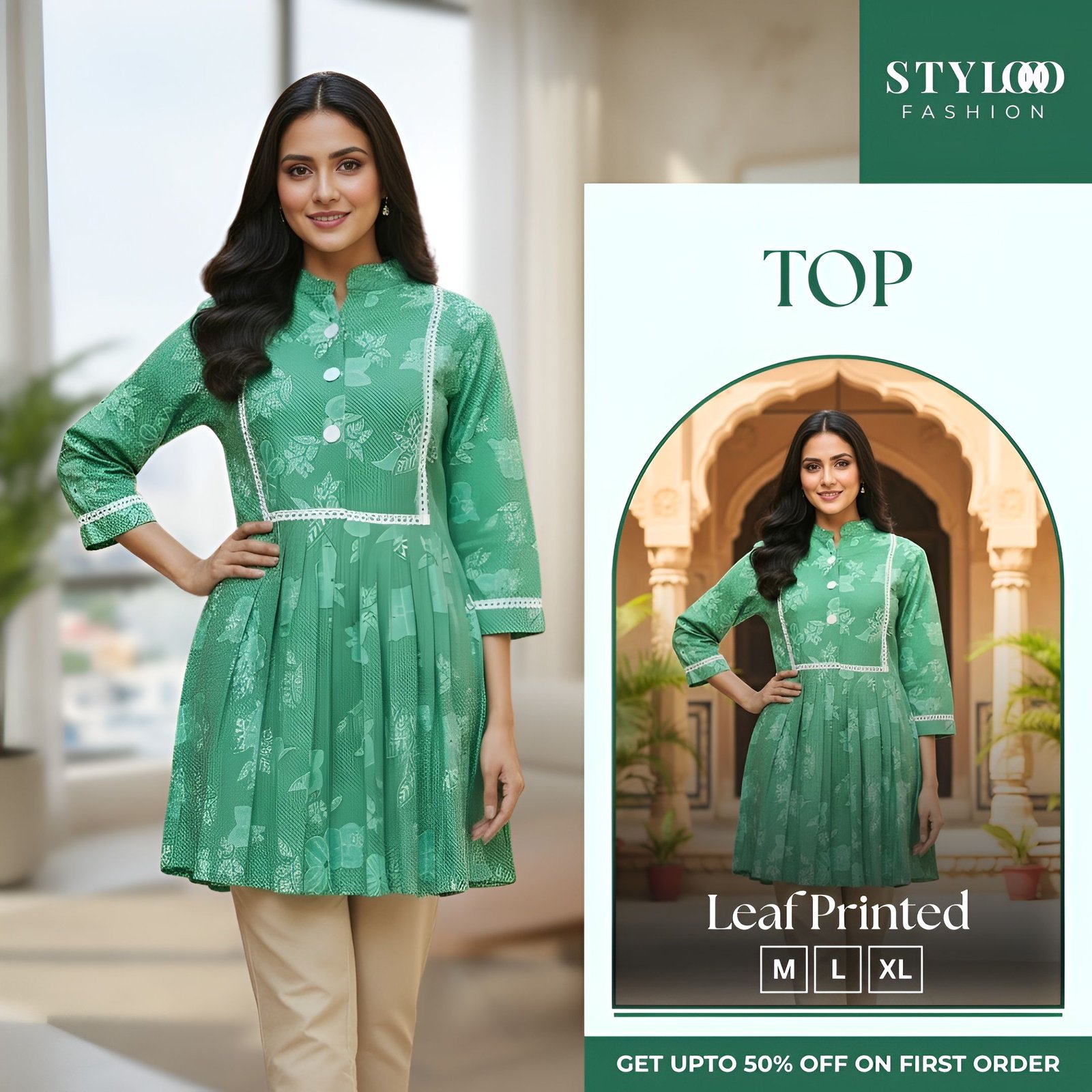 Women Green & White Printed A-Line Peplum Tunic Top with Lace Inserts (TOP-W-004)