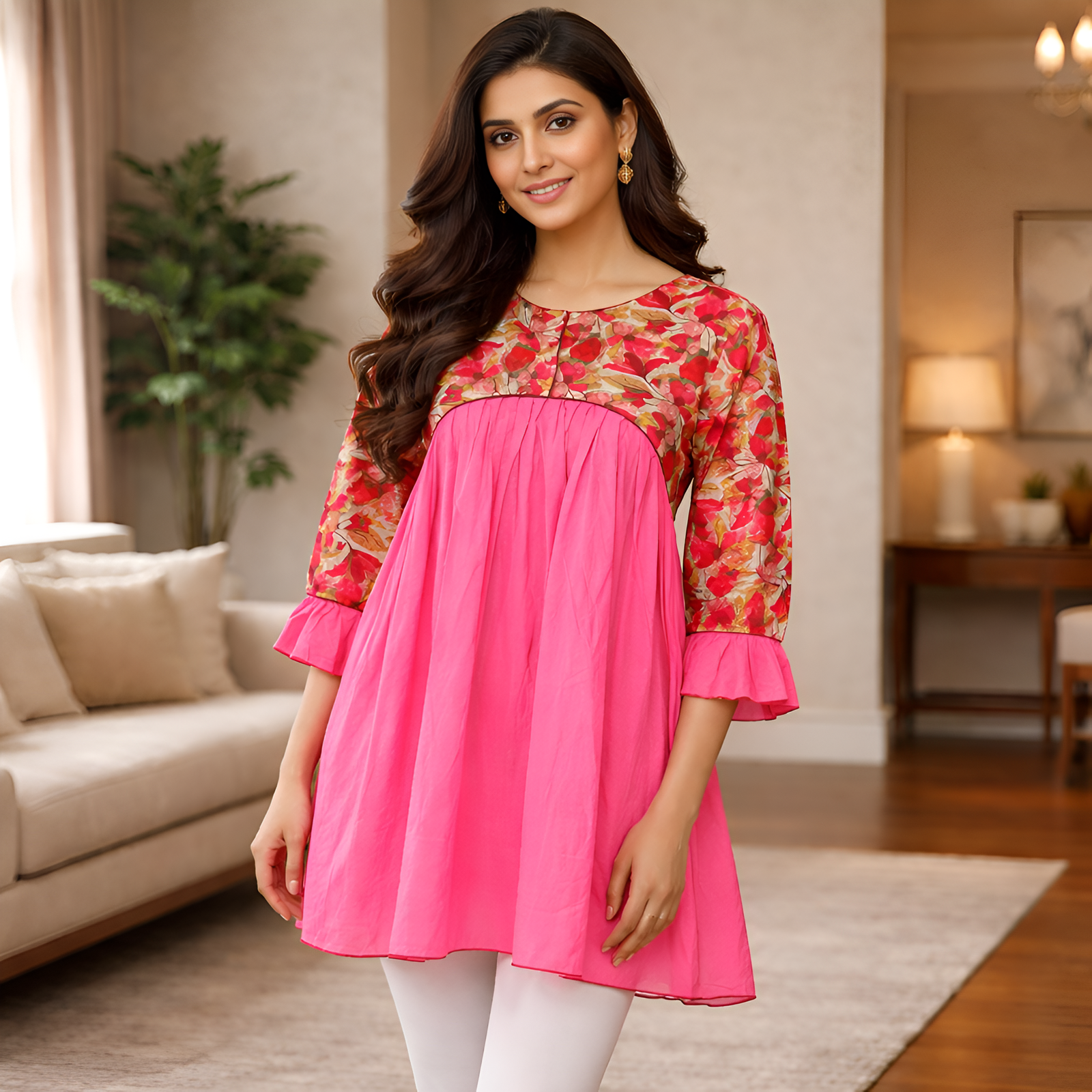 Women Pink Floral Printed Yoke Flared Top (TOP-W-033)